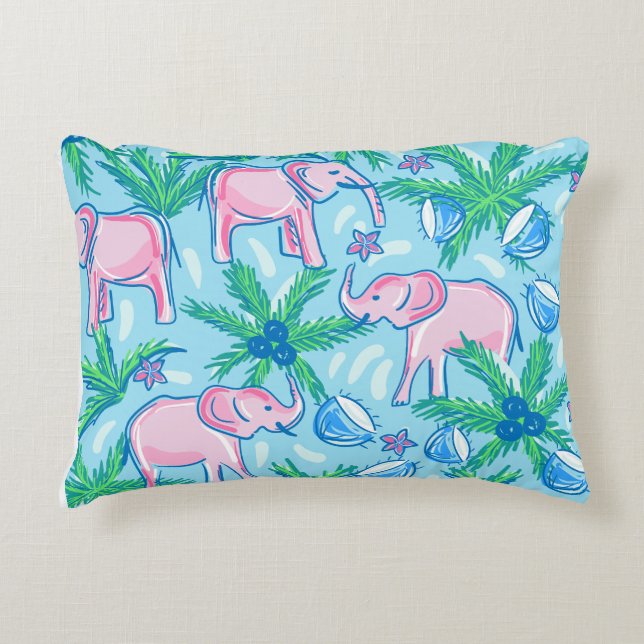 Blue Pink Green Preppy Elephant Decorative Cushion (Front)