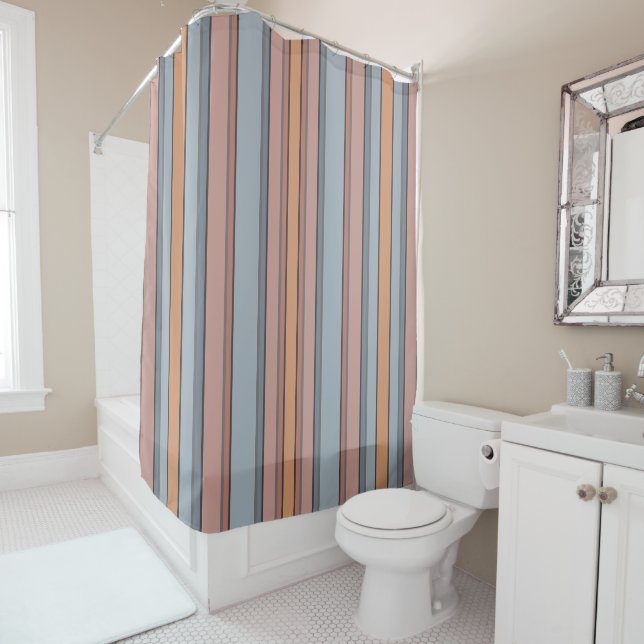 Blue Pink Grey Colour Block Vertical Stripes  Shower Curtain (In Situ)