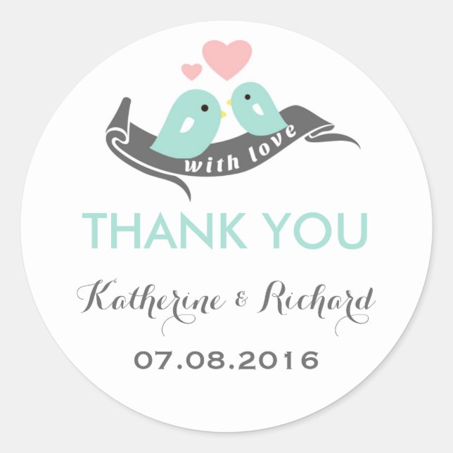 Blue Pink Grey Love Birds Wedding Favour Sticker (Front)