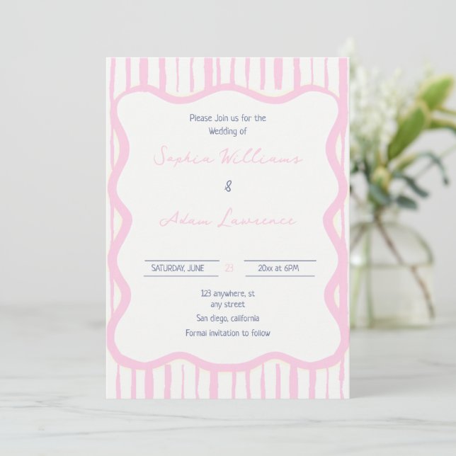 Blue pink Hand Written Pinstripe Whimsical Wedding Invitation (Standing Front)