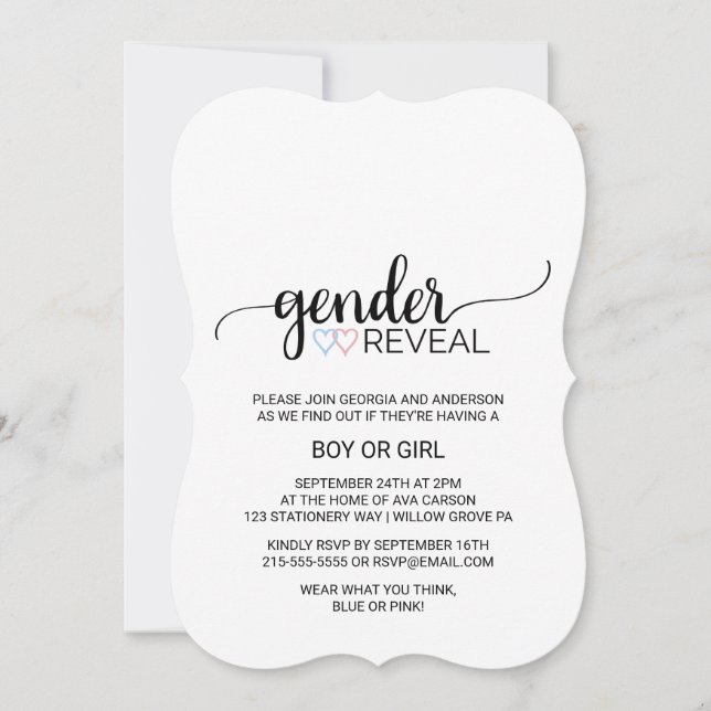 Blue & Pink Heart Black Calligraphy Gender Reveal Invitation (Front)