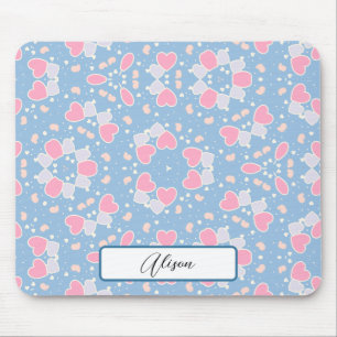 Blue Pink Hearts Butterflies Pattern and Your Name Mouse Pad