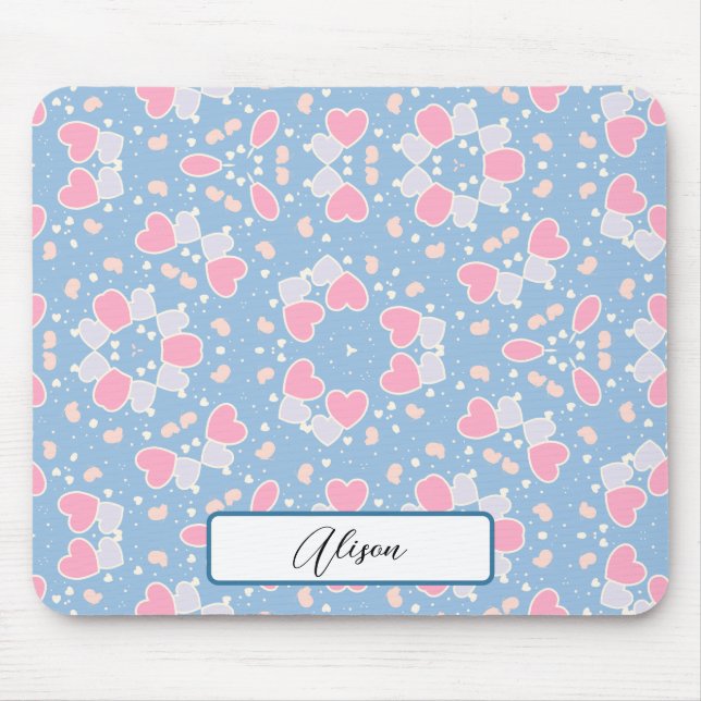 Blue Pink Hearts Butterflies Pattern and Your Name Mouse Pad (Front)