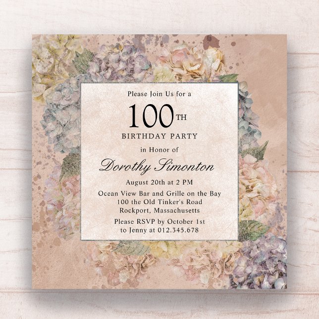 Blue Pink Hydrangea 100th Birthday Party Square Invitation (Creator Uploaded)