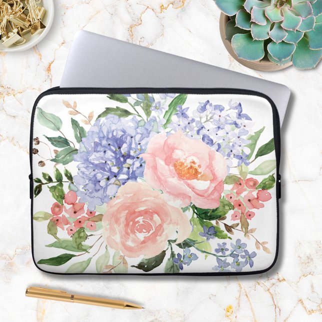 Blue Pink Hydrangea Flower Spring Floral Laptop Sleeve (In situ)