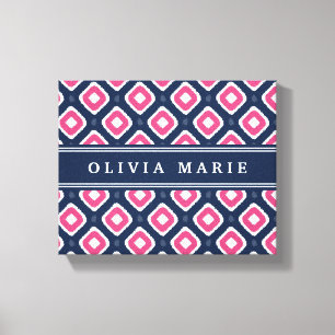 Blue Pink Ikat Mod Pattern with Name Canvas Print