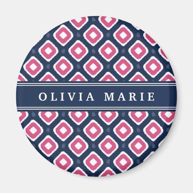 Blue Pink Ikat Mod Pattern with Name Magnet (Front)