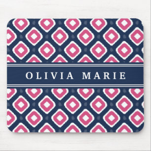 Blue Pink Ikat Mod Pattern with Name Mouse Pad