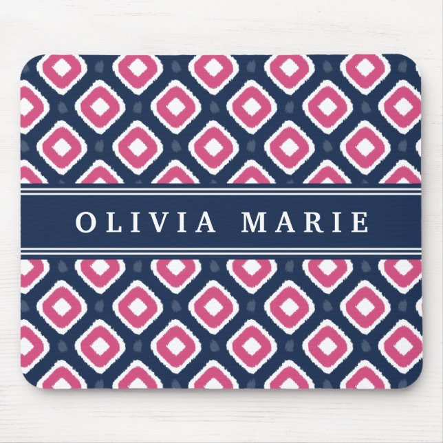Blue Pink Ikat Mod Pattern with Name Mouse Pad (Front)