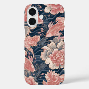 Blue Pink Koi Chinoiserie Floral Pattern iPhone 16 Case