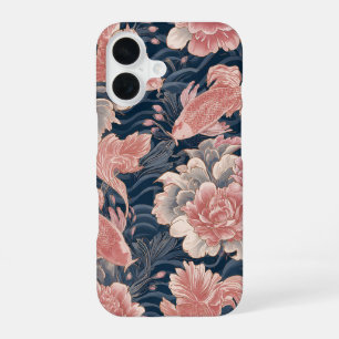 Blue Pink Koi Chinoiserie Floral Pattern iPhone 16 Case