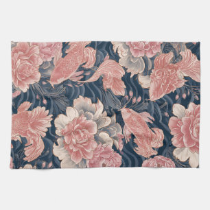 Blue Pink Koi Chinoiserie Floral Pattern Tea Towel