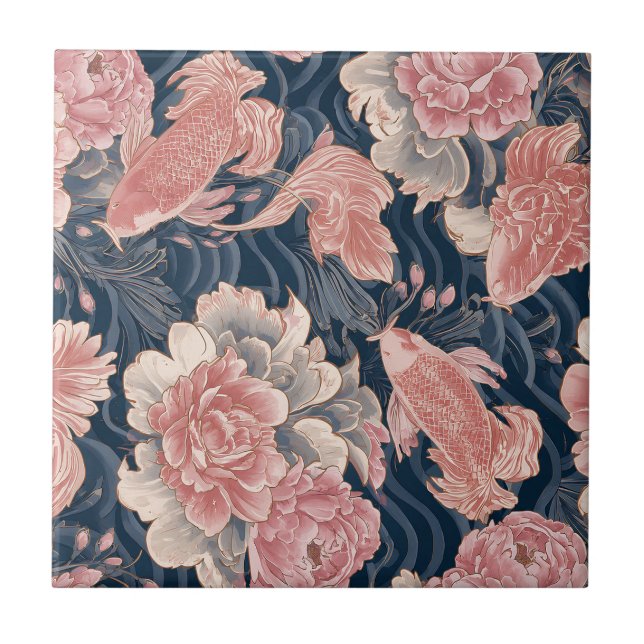 Blue Pink Koi Chinoiserie Floral Pattern Tile (Front)