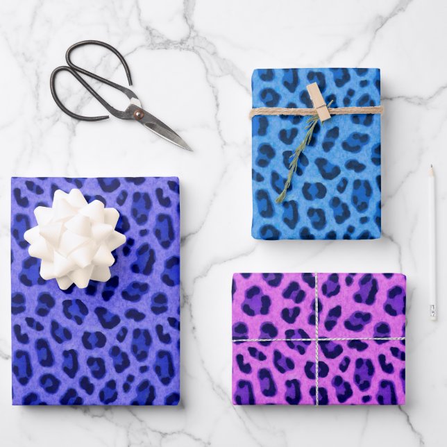 Blue Pink Lavender Leopard Animal Skin Pattern  Wrapping Paper Sheet (Front)