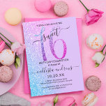 Blue Pink Lavender Silver Glitter Ombre Sweet 16 Invitation<br><div class="desc">This girly and chic sweet sixteen birthday party invitation is perfect for your young teenage daughter's special day. It features a faux printed sparkly blue, magenta, and purple glitter large, "16, " on top of a simple pastel lavender purple and faux lavender, blue, and lilac purple glitter sideways gradient ombre...</div>