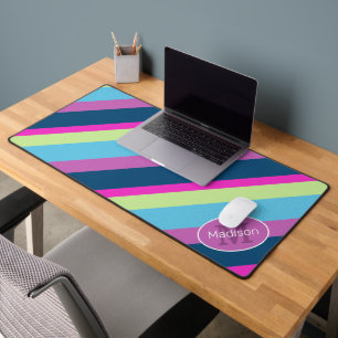 Blue pink lime retro geometric lines Monogram Desk Mat
