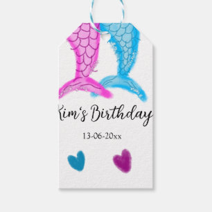 blue pink mermaid watercolor add name birthday  gift tags