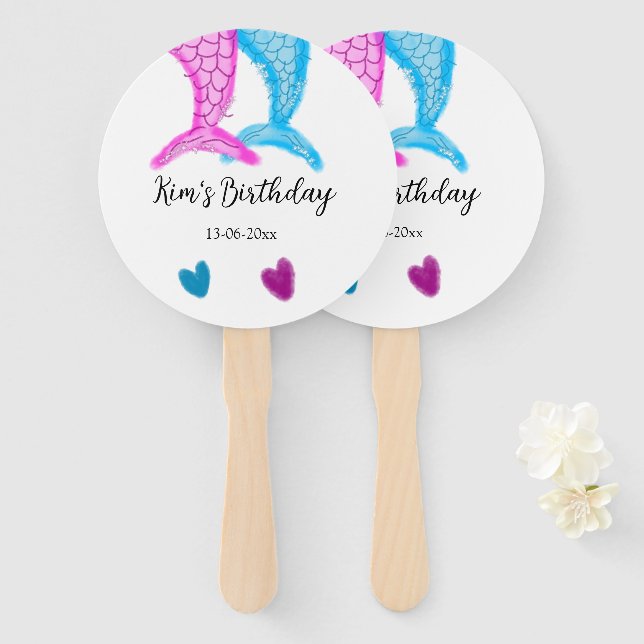 blue pink mermaid watercolor add name birthday  hand fan (Front and Back)