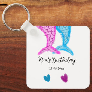 blue pink mermaid watercolor add name birthday key ring