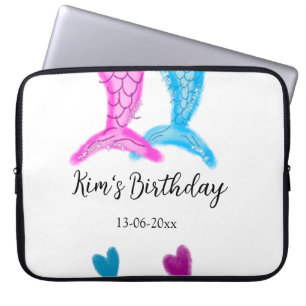blue pink mermaid watercolor add name birthday laptop sleeve