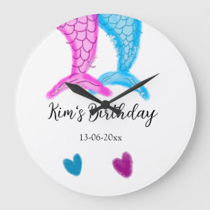 blue pink mermaid watercolor add name birthday large clock