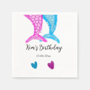 blue pink mermaid watercolor add name birthday  napkin