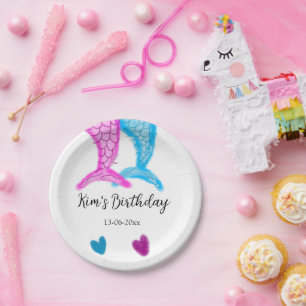 blue pink mermaid watercolor add name birthday  paper plate