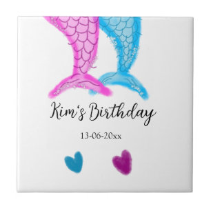 blue pink mermaid watercolor add name birthday tile