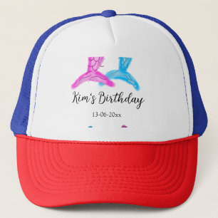blue pink mermaid watercolor add name birthday trucker hat