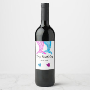 blue pink mermaid watercolor add name birthday wine label