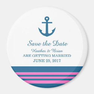 Blue Pink Nautical Anchor Save the Date Magnet