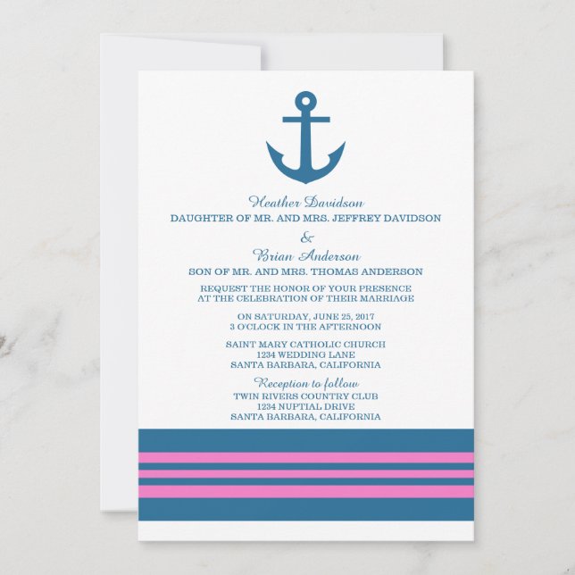 Blue Pink Nautical Anchor Wedding Invite (Front)