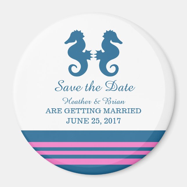 Blue Pink Nautical Seahorse Save the Date Magnet (Front)
