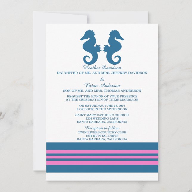Blue Pink Nautical Seahorse Wedding Invite (Front)