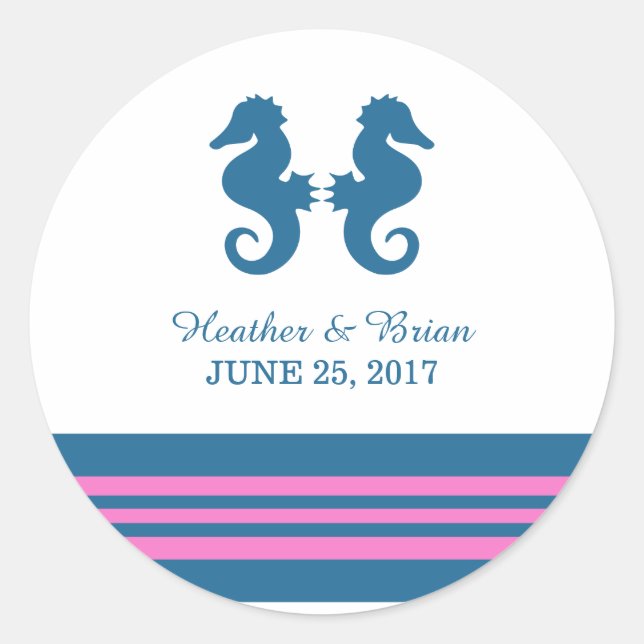 Blue Pink Nautical Seahorse Wedding Stickers (Front)