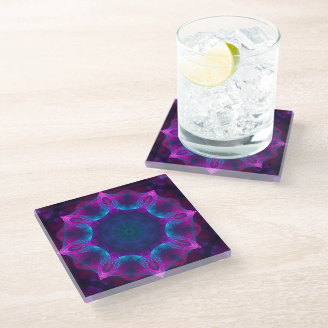 Blue & Pink Neon Dark Kaleidoscope Gradient Glass Coaster (Angled)