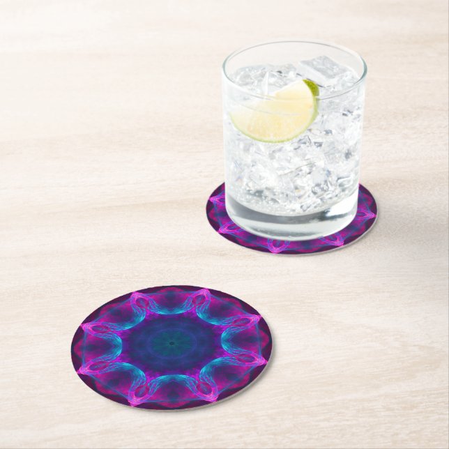 Blue & Pink Neon Dark Kaleidoscope Gradient Round Paper Coaster (Insitu)