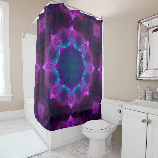 Blue & Pink Neon Dark Kaleidoscope Gradient Shower Curtain (In Situ)