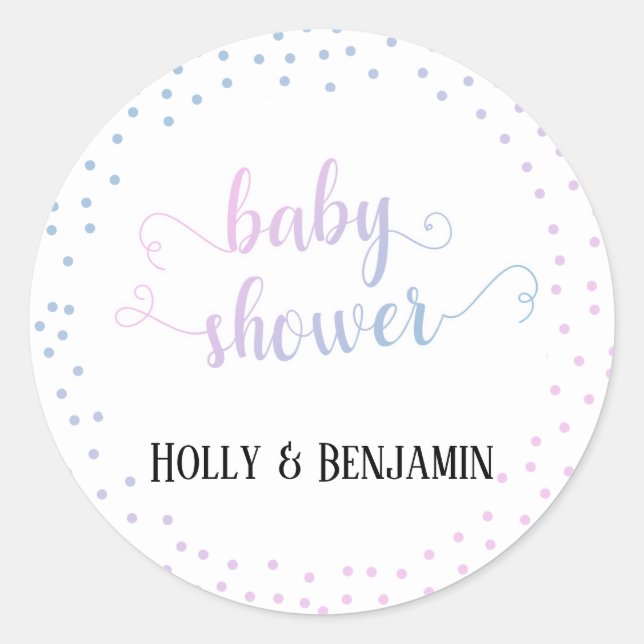 Blue Pink Ombré Confetti Typography Baby Shower Classic Round Sticker (Front)