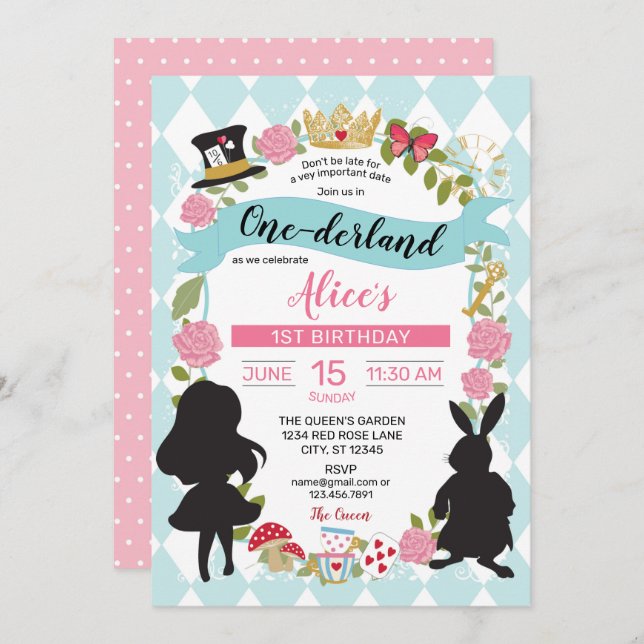 Blue & Pink One-derland 1ST Birthday Invitation (Front/Back)