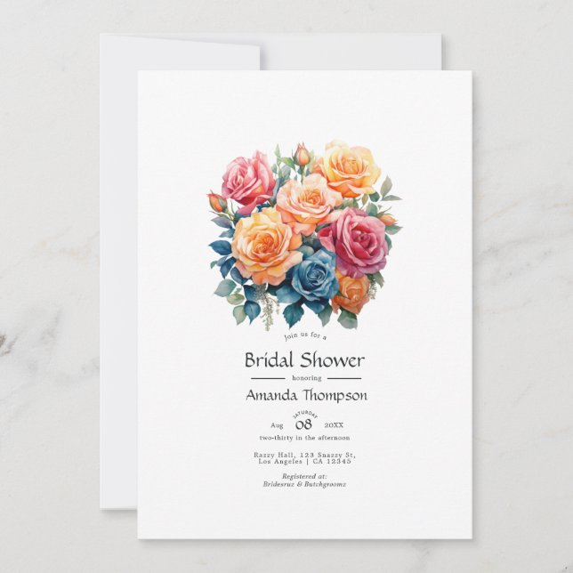 Blue, Pink, Orange, and Green Floral Bridal Shower Invitation (Front)