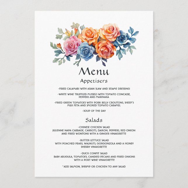 Blue, Pink, Orange, and Green Floral Wedding Menu (Front)