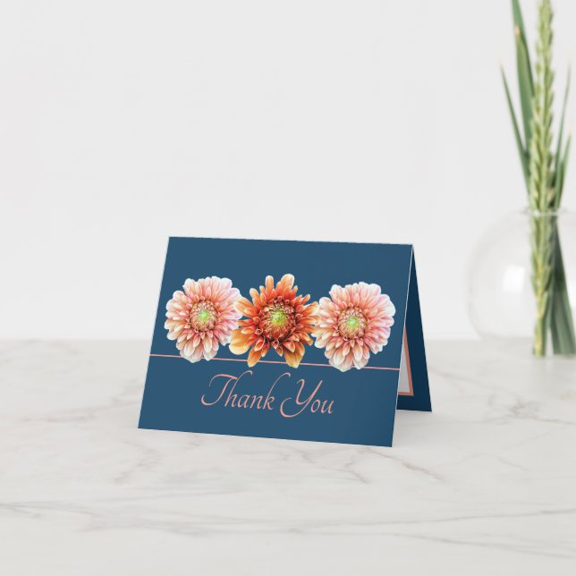 Blue Pink Orange Dahlias Floral Bouquet Thank You Card (Front)