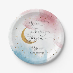 Blue Pink Over the Moon Gold Baby Shower Paper Plate