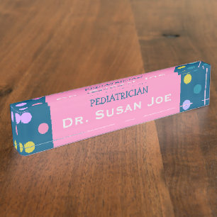 Blue pink paediatrician name plate colourful dots