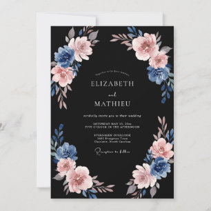 Blue Pink Painterly Flourish Wedding Invitation