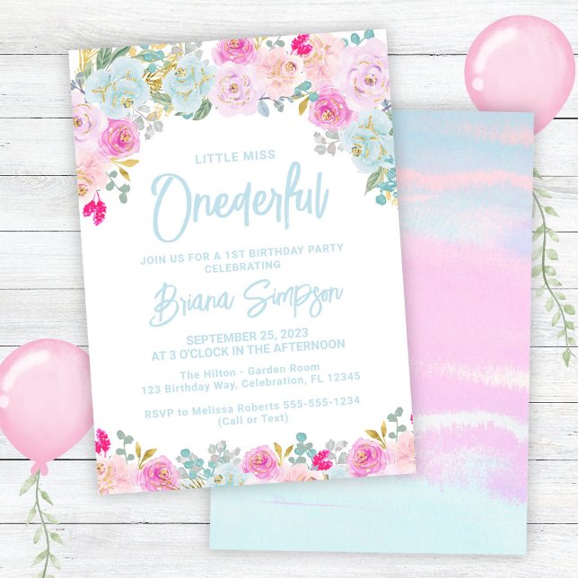 Blue Pink Peach Floral Onederful Birthday Invitation (Creator Uploaded)