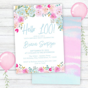 Blue Pink Peach Purple Floral 100th Birthday Party Invitation