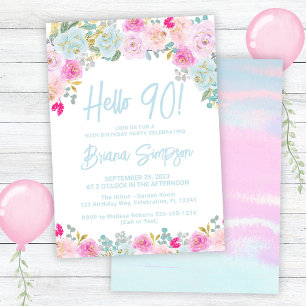 Blue Pink Peach Purple Floral 90th Birthday Party Invitation