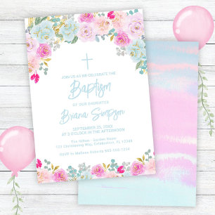 Blue Pink Peach Purple Flowers Floral Baptism Invitation